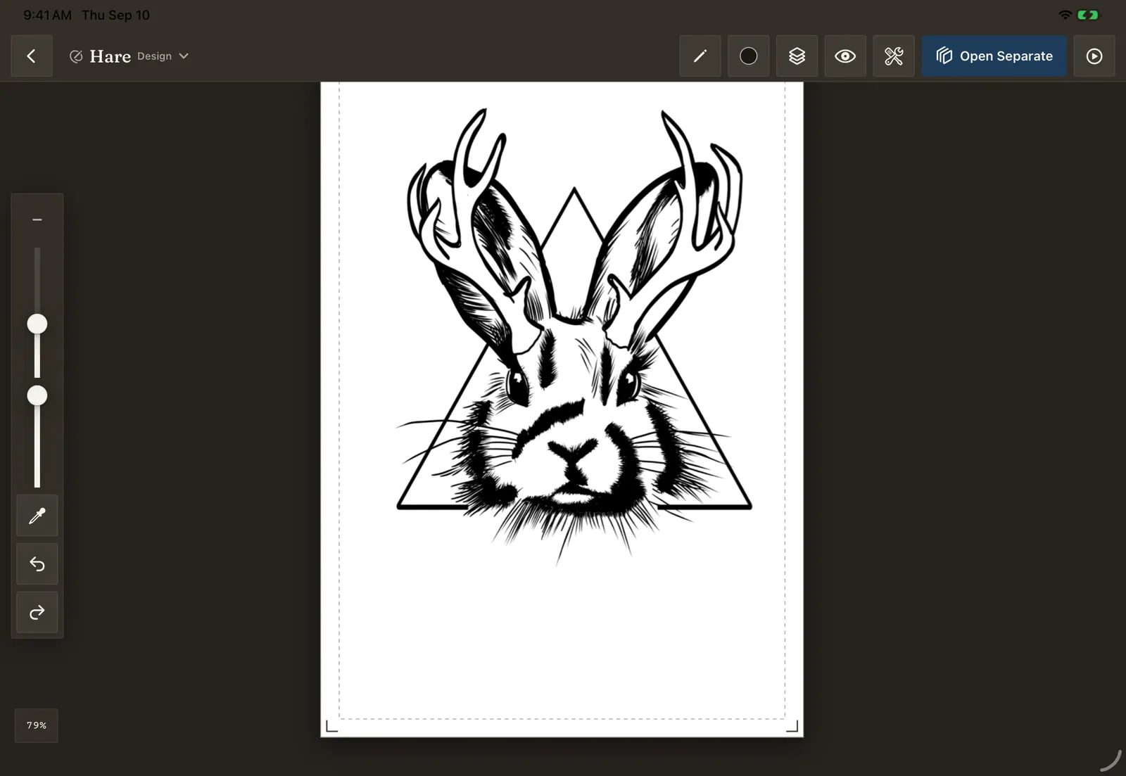 Brayer's Design module: an inked drawing of an antlered hare on a canvas locked to the block size, with the safe area dashed and corner marks at the block edge, a tool rail on the left and Open Separate in the toolbar.