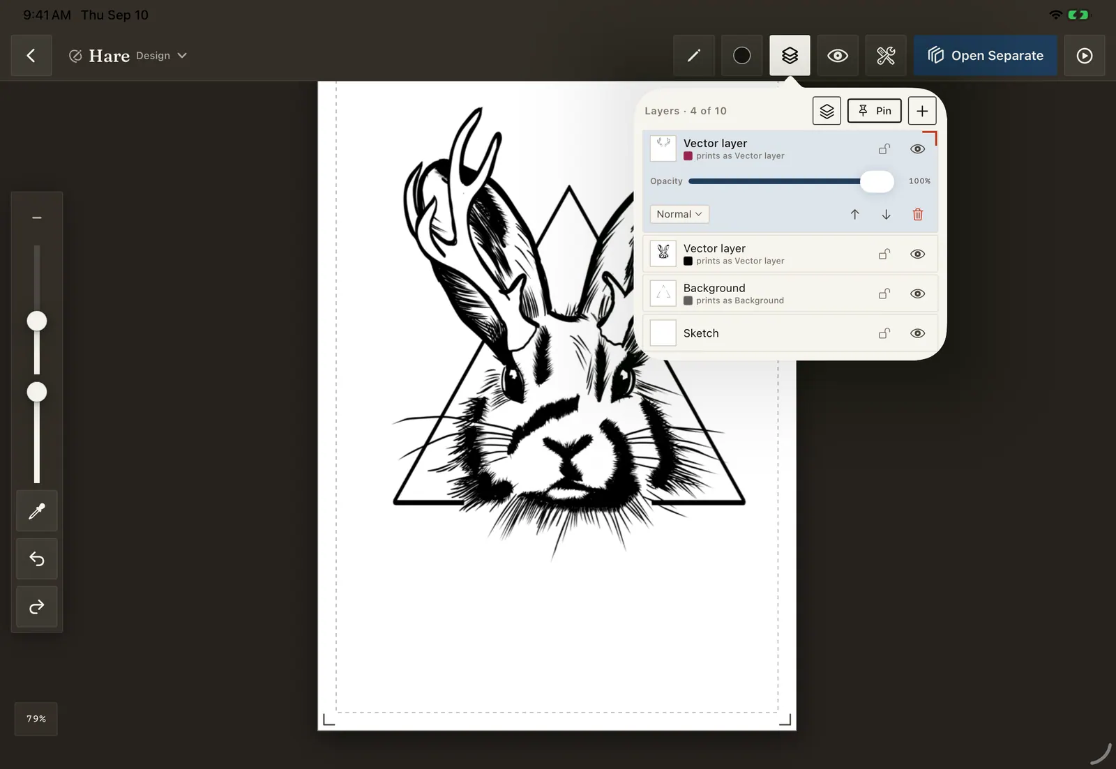 The Design module with the layers panel open beside the hare drawing: four layers of ten, each showing the ink it prints as.