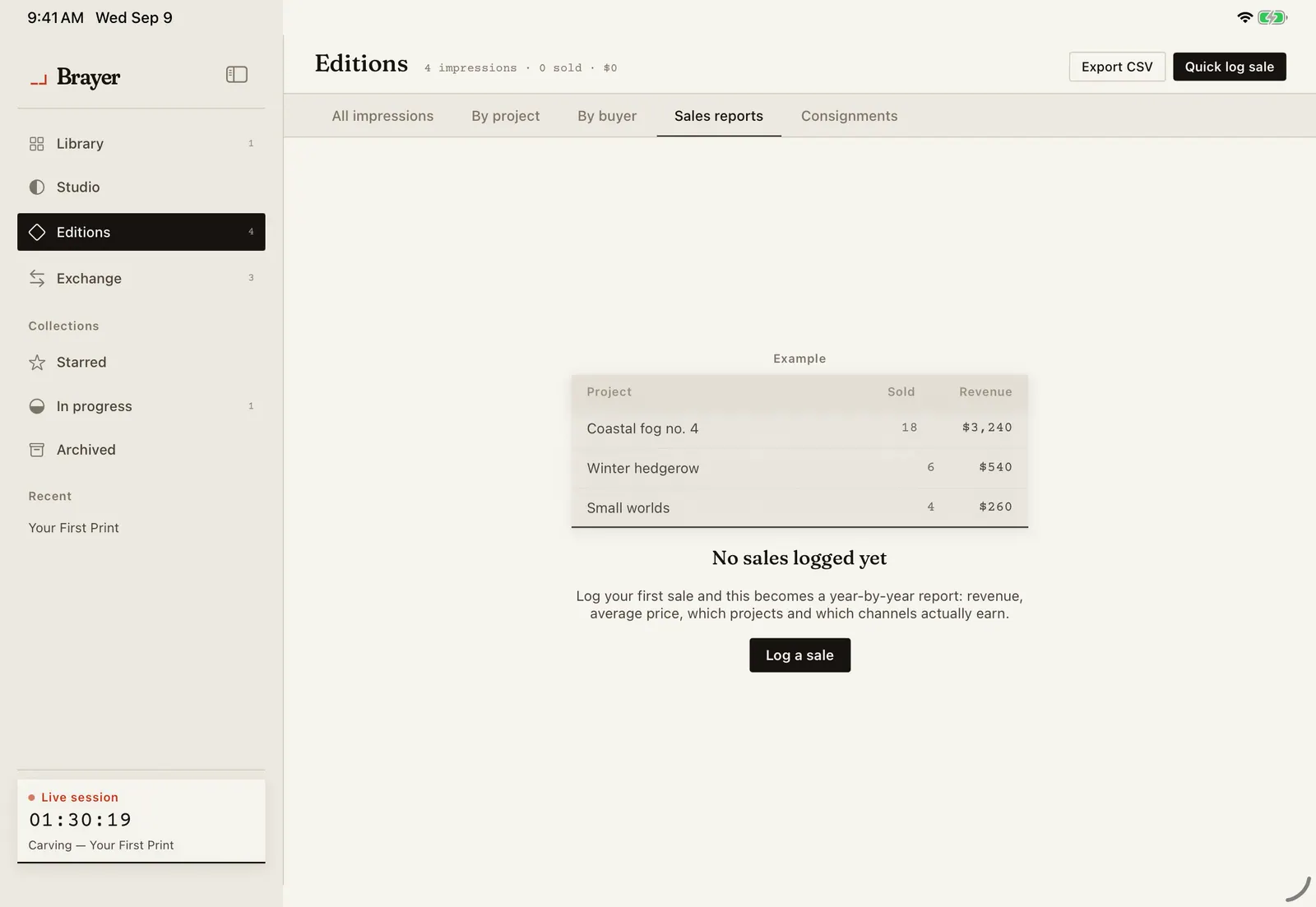 The Reports tab in Brayer's Editions surface: sales by project and by buyer, exportable as CSV.