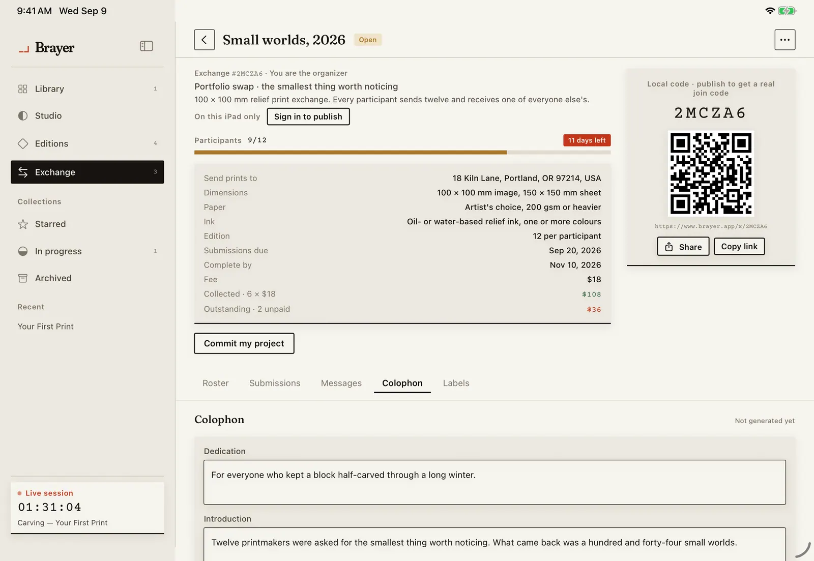 The colophon builder for an exchange in Brayer.