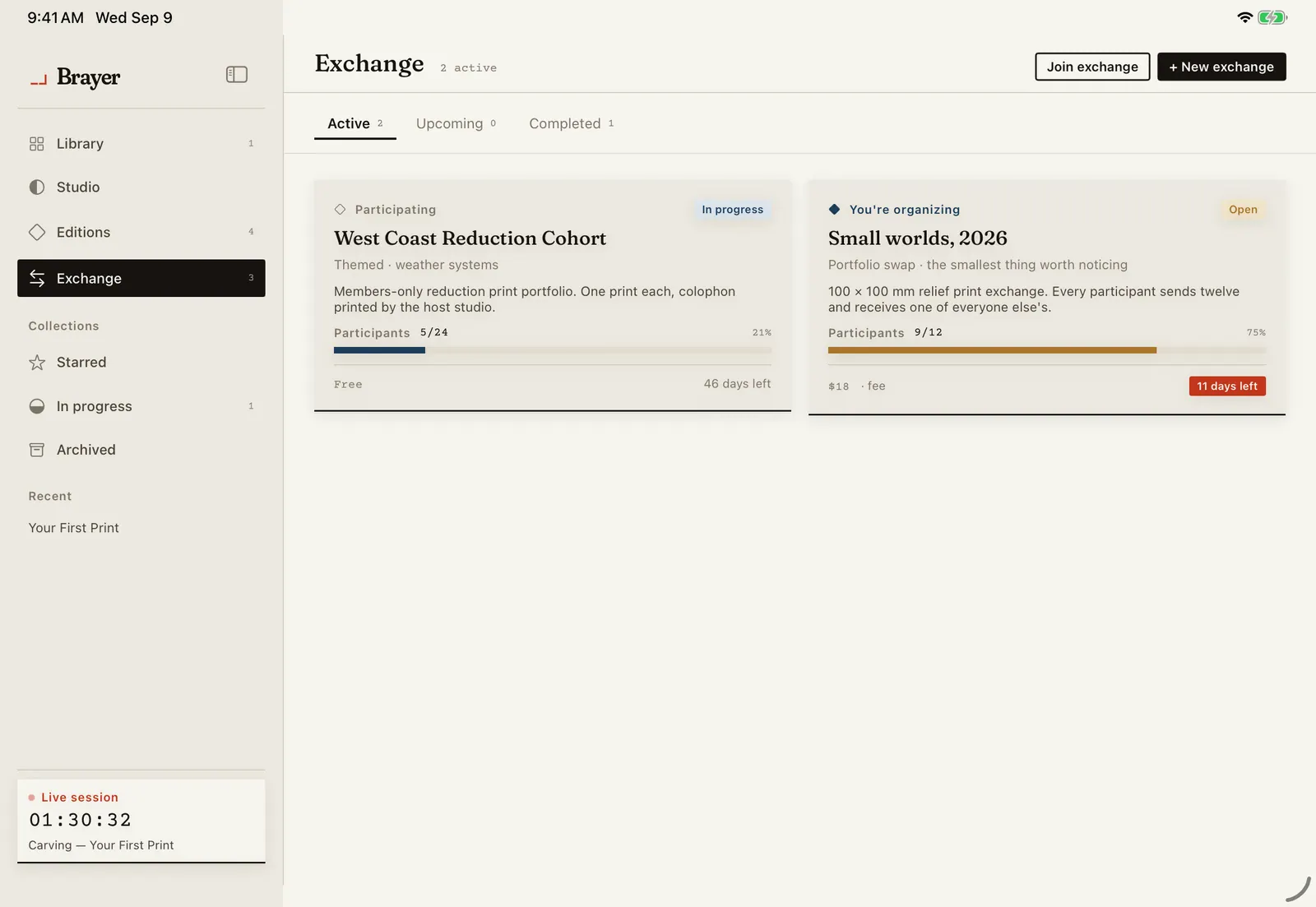 Brayer's Exchange surface listing the exchanges you organize or take part in.
