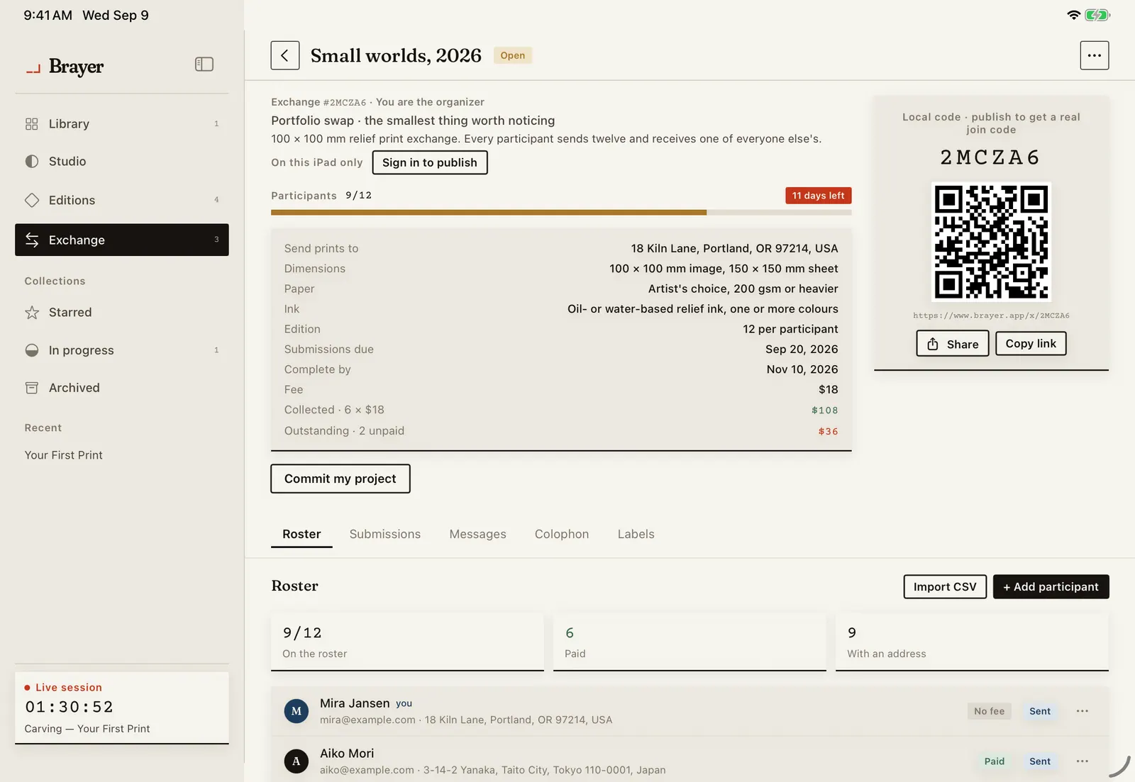 A print exchange in Brayer: Small worlds, 2026, with the specification, the join code and its QR code, fees collected and outstanding, and a roster of printmakers marked paid and sent.