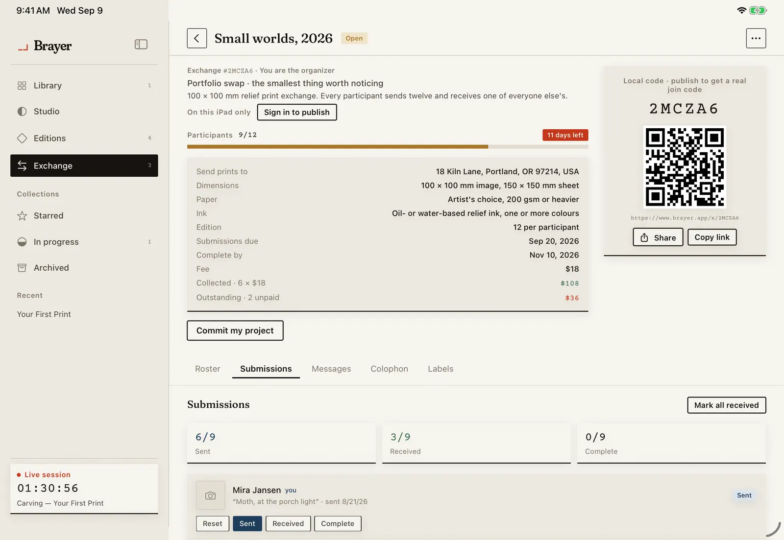 Submission tracking for a print exchange in Brayer: each participant's print title and the date it was sent, with sent, received and complete states against it.
