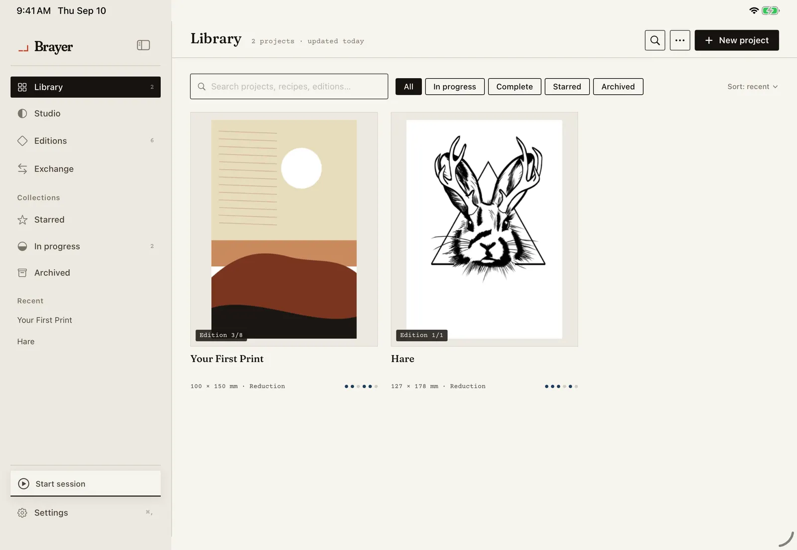 The Brayer library on iPad: a project card for Hare, a 127 × 178 mm reduction linocut of an antlered hare, with its cover print, edition progress and six module dots, above filters for all, in progress, complete, starred and archived.
