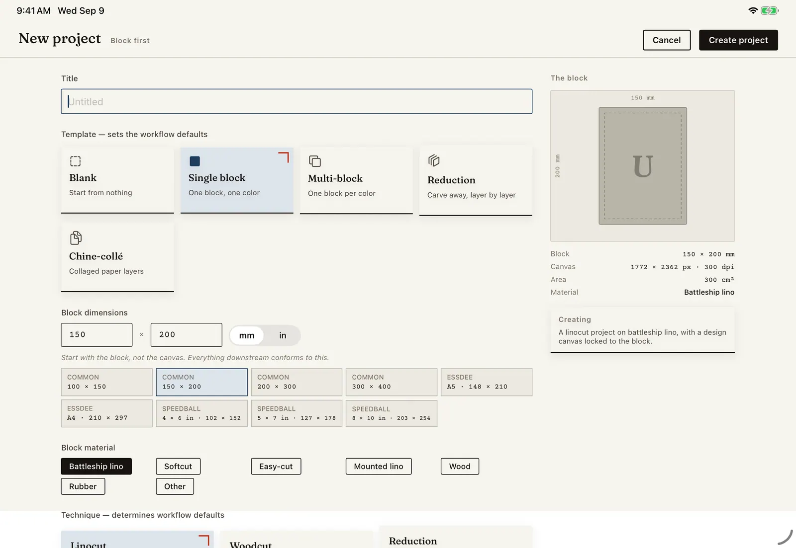 The new project sheet in Brayer: a title field, template cards for blank, single block, multi-block, reduction and chine-collé, and a block panel showing 150 × 200 mm with the canvas size in pixels.