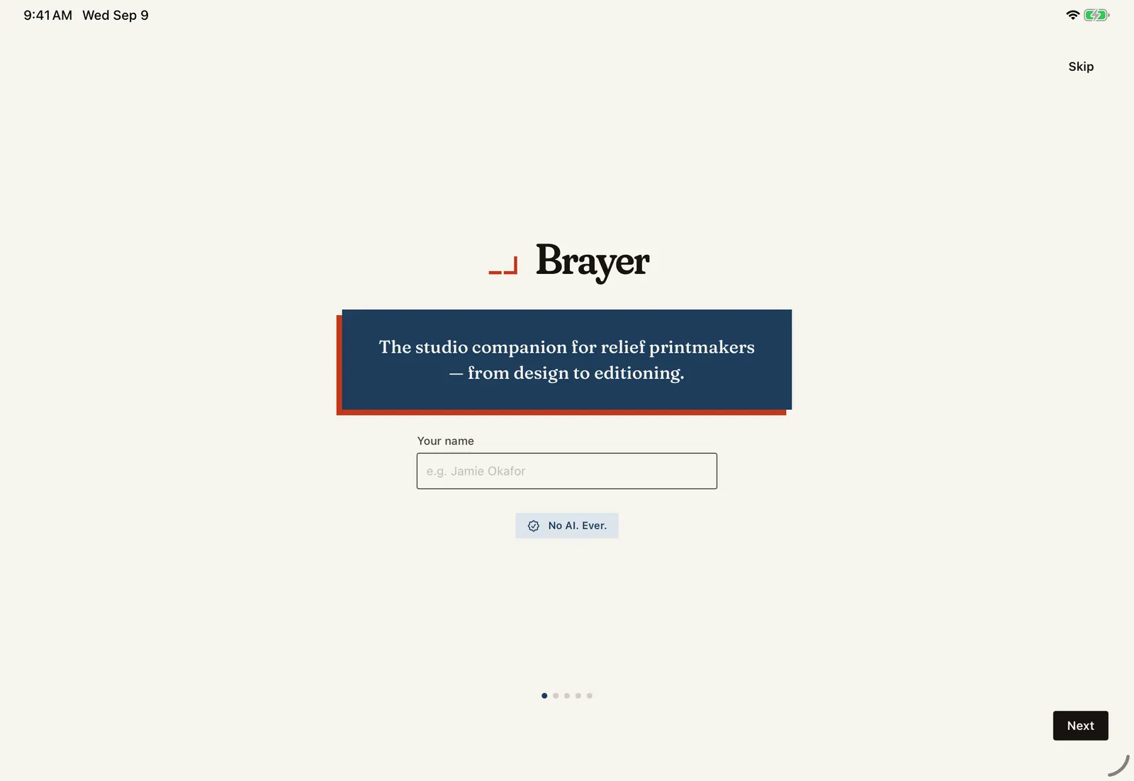 Brayer's first-run screen on iPad: a short introduction to the six modules with a Skip button.
