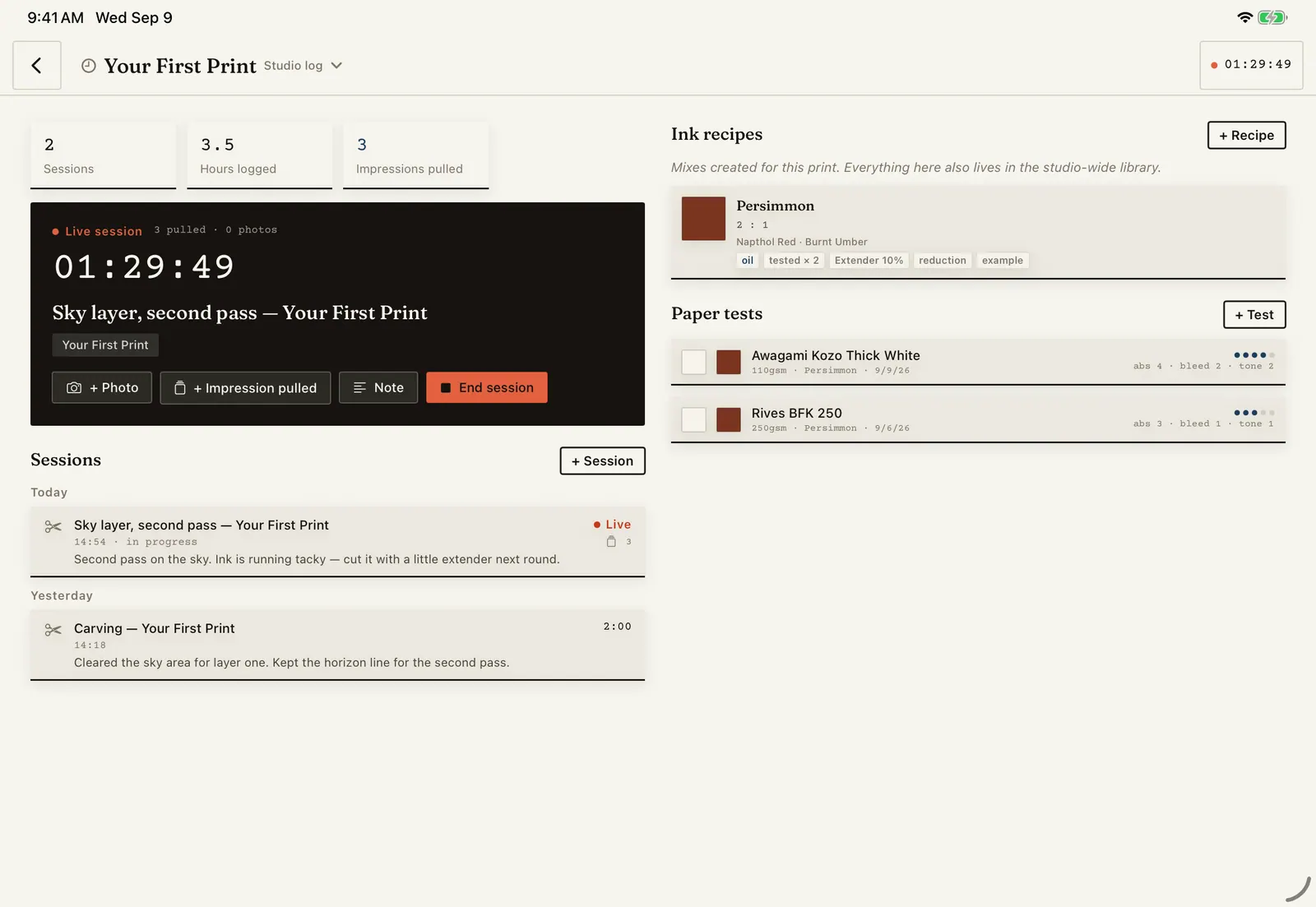 The per-project Studio log in Brayer listing sessions, notes and photos for one print.