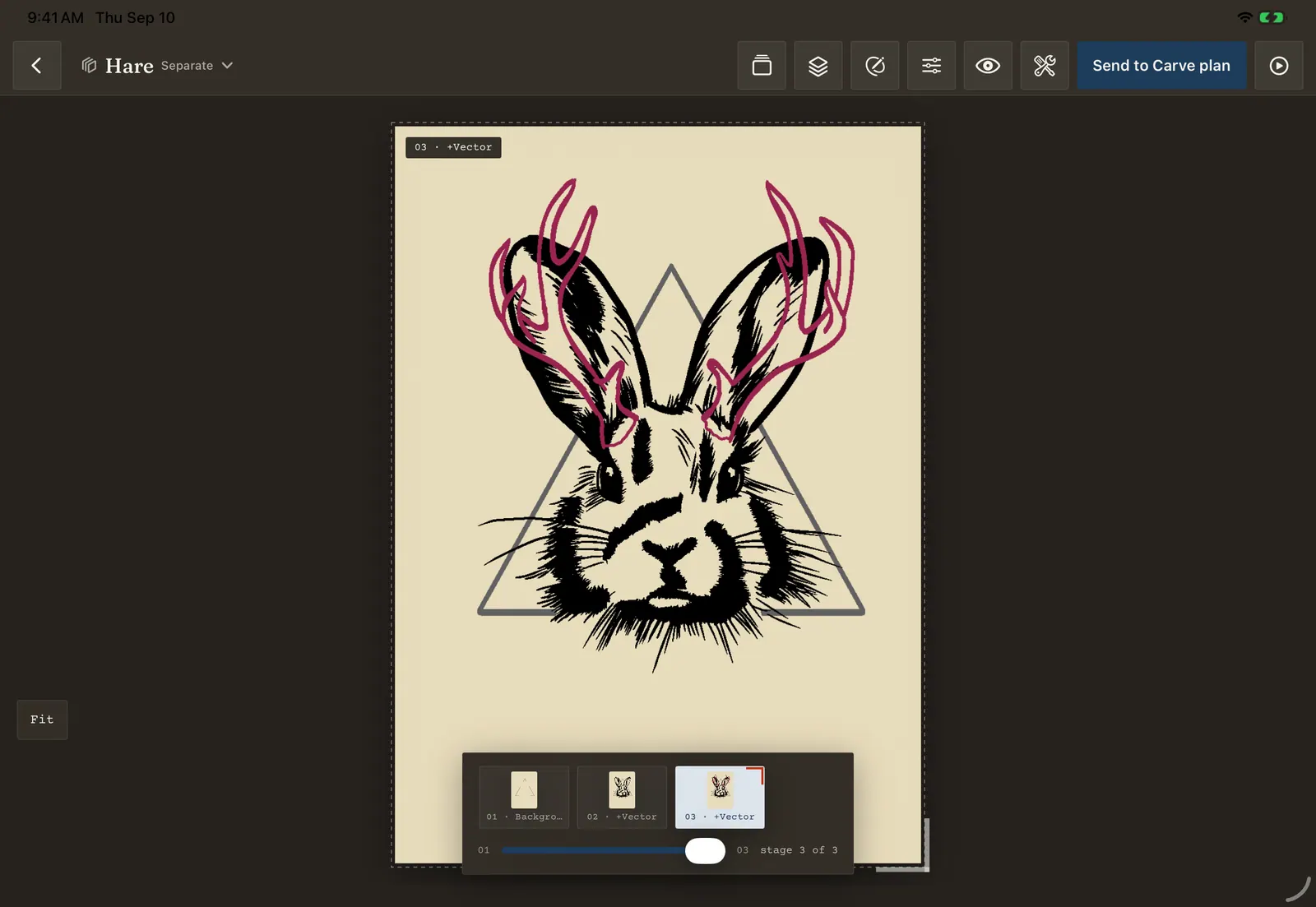 Brayer's reduction print planner: the print simulator at stage 3 of 3, the hare in black with the antlers in magenta, and Send to Carve plan in the toolbar.