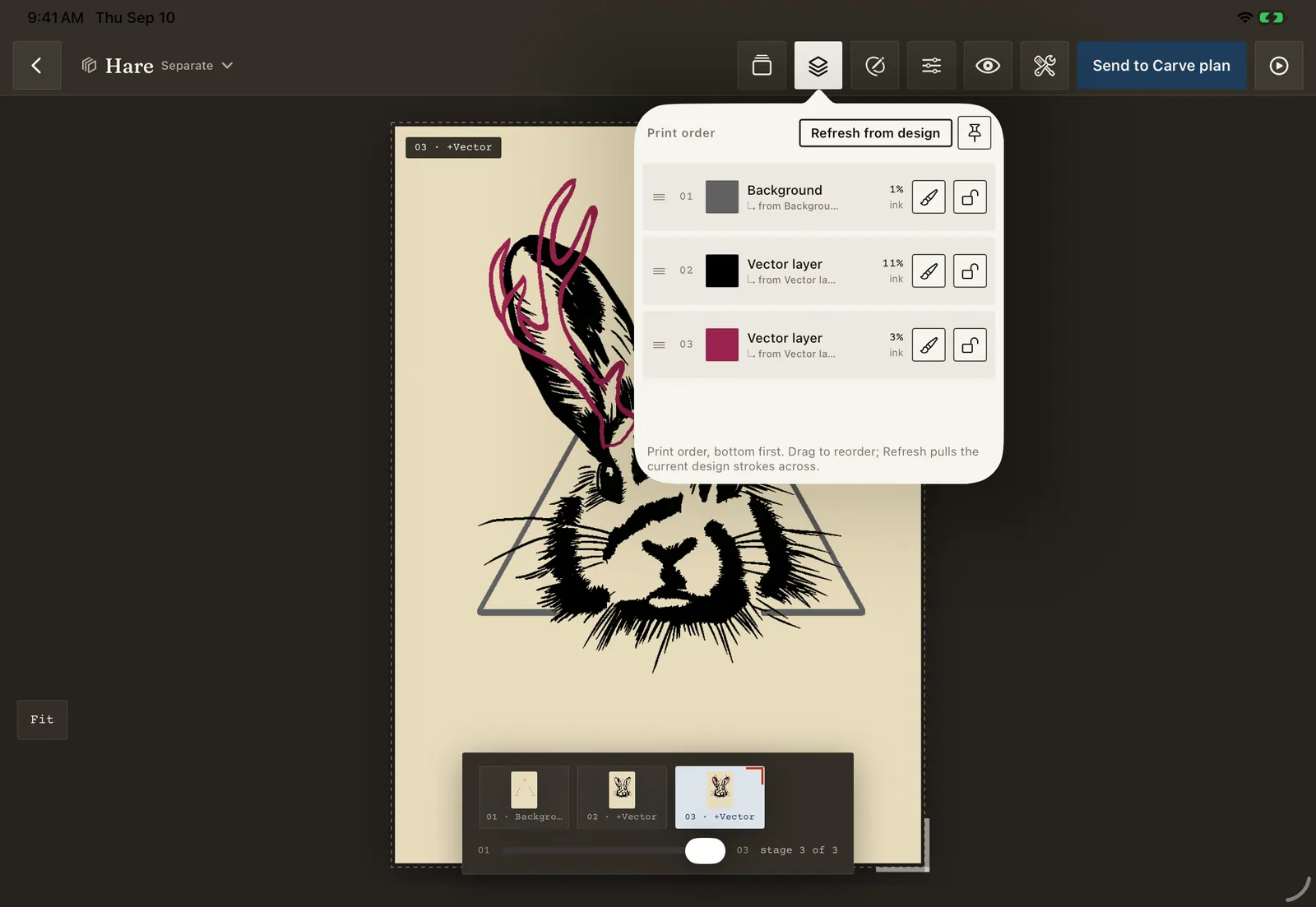The Separate module with the print-order panel open, listing the background, the black pass and the magenta pass with the ink coverage each one needs.