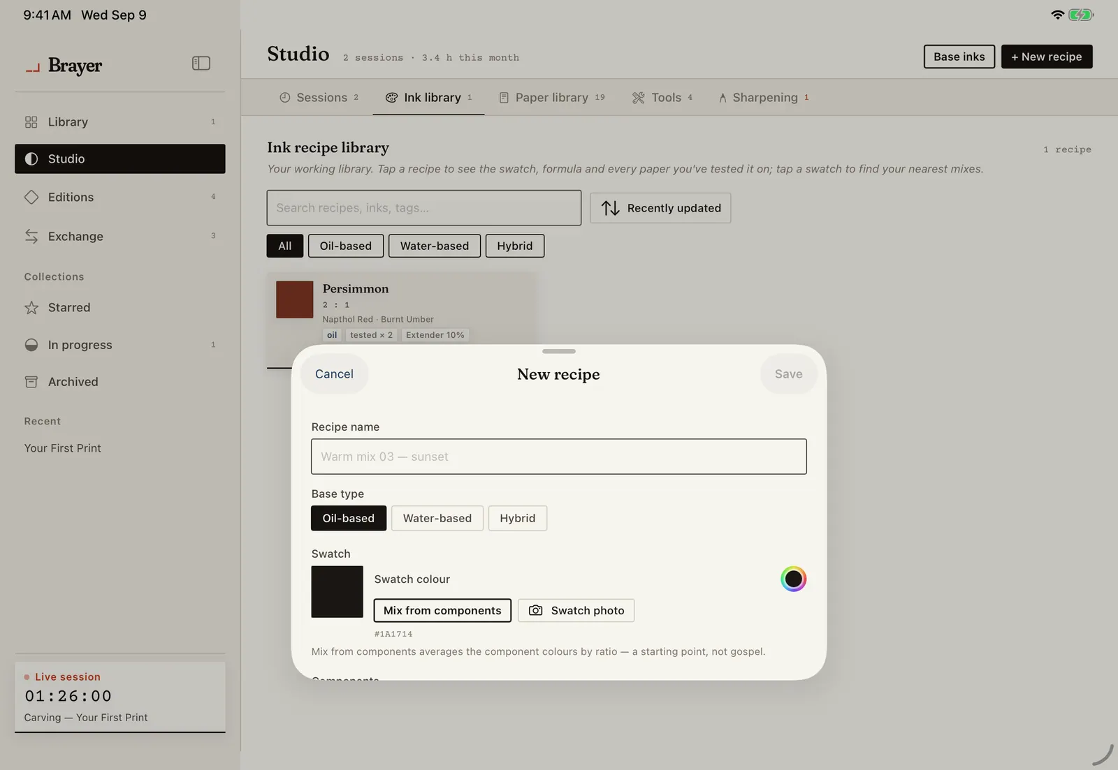 The ink recipe library in Brayer with the new recipe sheet open over it: recipe name, base type of oil-based, water-based or hybrid, and a swatch colour mixed from the components.